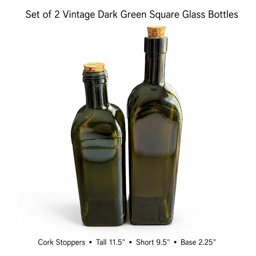 Set of 2 Vintage Dark Green Square Glass Bottles with Cork Stoppers Decorative